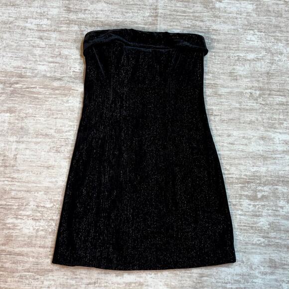 Urban Social Women’s XS Black Silver Metallic Velvet Strapless Midi Dress Retro - Picture 1 of 8